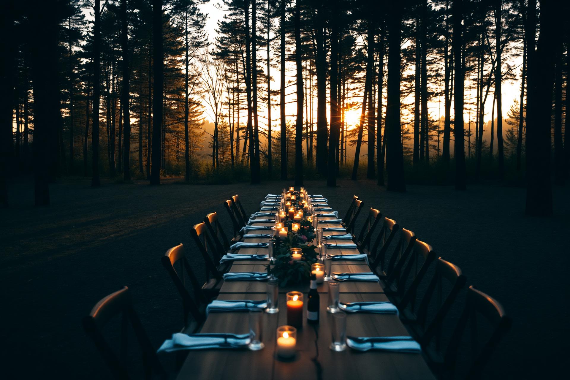 Lange tafel in het bos bij schemer, verlicht met kaarsen