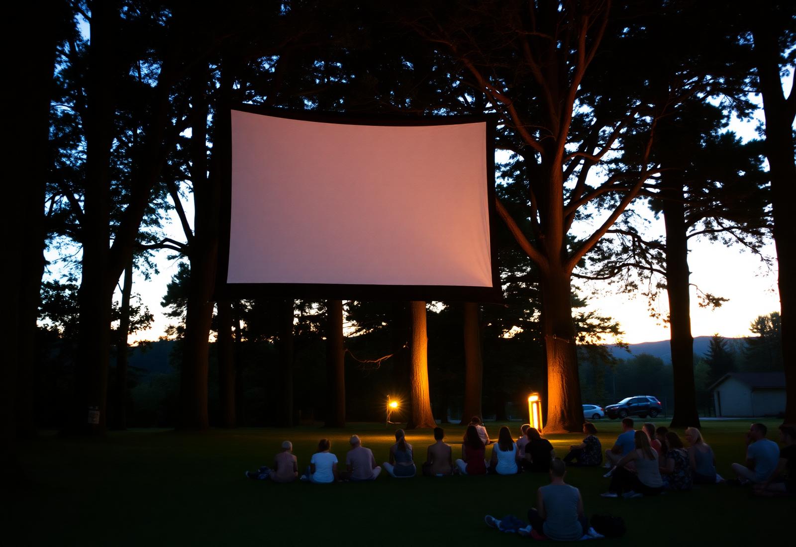 Buitenfilmscherm tussen bomen bij schemer